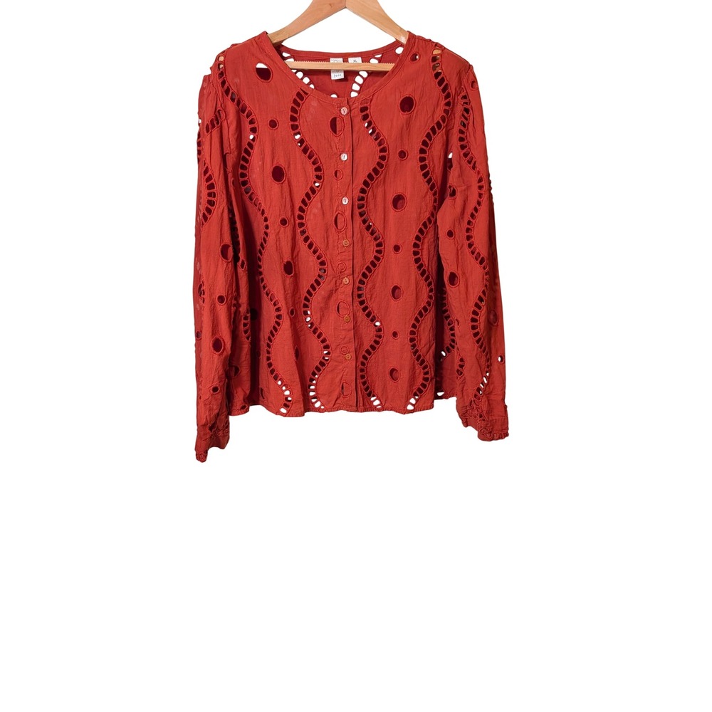 Joie Womens XL Rust Orange Eyelet Embroidered Button Down Long Sleeve Blouse